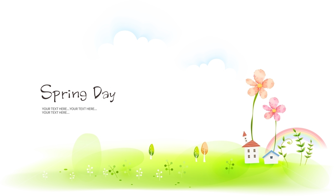 Spring background,spring illustration,house,flower,spring,spring flowers,Field,rainbow,background,butterfly,sight,calligraphy
