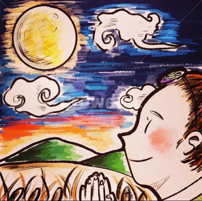 그림,일러스트,추석,명절,달,사람,기도,소원,보름달,노을,구름,하늘,한복,산