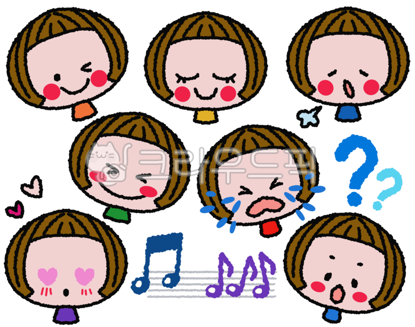단발머리여자아이,소녀,볼빨간소녀,여러가지표정,표정이모티콘,다양한표정,꼬마아이,여자