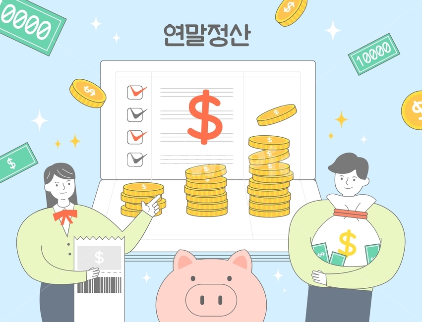 통장,돼지,돼지저금통,영수증,연말정산,연말,캐릭터,정산,시즌,월급,납부,세금,세무관리,금융,근로자,국세청,돈,지폐,코인,산업,industry,industrial,금융,돈,finance,banking,money,그래픽,일러스트레이션,graphic,illustration