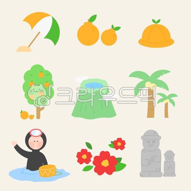 제주도,제주,제주도일러스트,관광지,여행지,국내휴가,국내여행,여행,한국여행,해녀,한라봉,한라산,야자수,귤모자,파라솔,동백꽃,돌하르방,제주도관광지,일러스트,그래픽,일러스트레이션,graphic,illustration