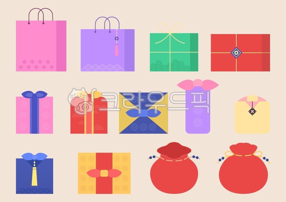 일러스트,벡터,오브젝트,엘리먼트,세트,콜렉션,한국,전통,명절,문화,전통문화,추석,한가위,설,설날,쇼핑,쇼핑백,선물,선물상자,명절선물,보자기,포장,복주머니,컬러풀,소품