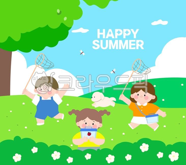 곤충채집일러스트,채집일러스트,여름방학일러스트,채집,곤충채집,어린이,세명,친구,무당벌레,잠자리,공원,잠자리채,강아지
