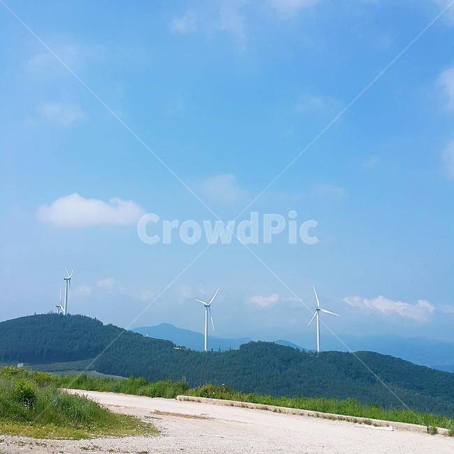 산,하늘,자연,풍력발전기,구름