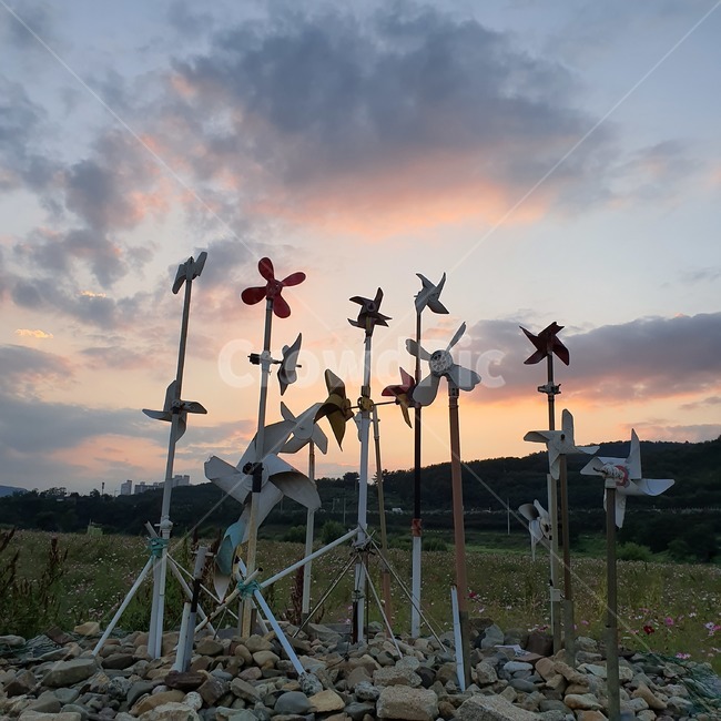 바람개비,꽃밭,하늘,노을,풍경