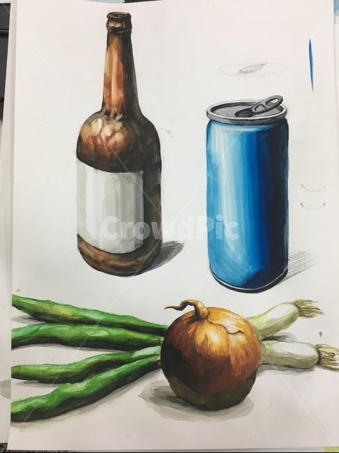 병,캔,파,양파,물감,미술,수채화,paints,art,bottle,can,onion