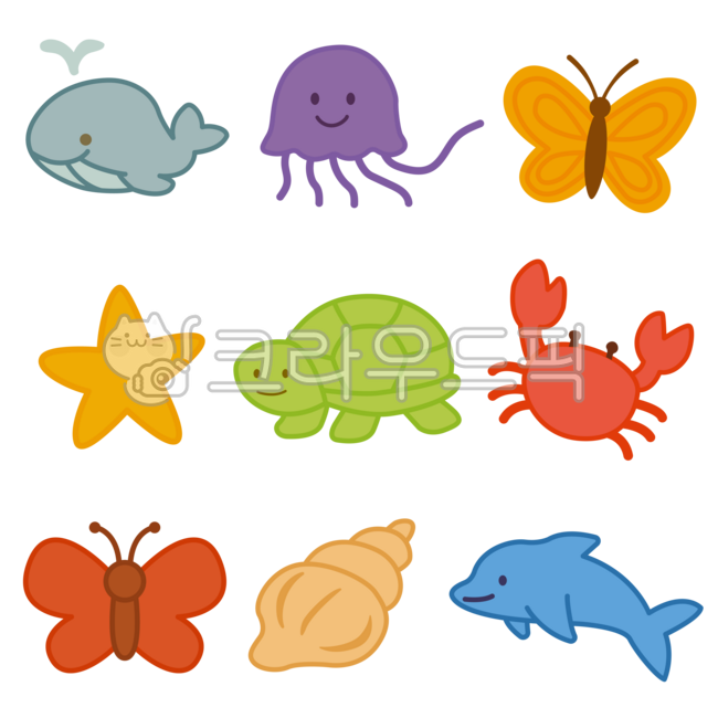 Animals,animal illustrations,marine life,illustrations,characters,stickers,whales,jellyfish,butterflies,starfish,turtles,crabs,conches,dolphins