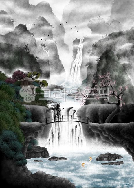 illustration,일러스트,폭포,waterfall,자연,nature,사무라이,samurai,aura