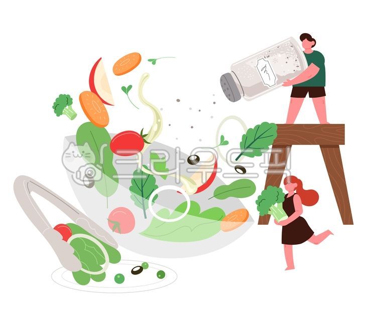 샐러드,야채,채소,웰빙,건강식,유기농,음식,건강,사람,인물,캐릭터,귀여운,일러스트,요리,다이어트,식단,여자,남자,비건,채식,초록색,재료,식물,소금,양상추,잎채소,토마토,올리브,브로콜리,사과,양파,당근,집게,샐러드볼,오일,스툴,벡터,신선한