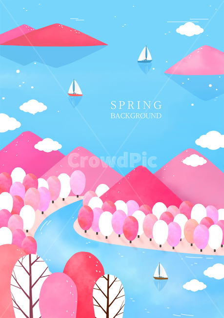 바다,강,요트,배,산,나무,벚꽃나무,봄,풍경,경치,여행,미니멀,봄,계절,spring,season,자연,풍경,nature,landscape,여행,휴가,traveling,vacation,trip,그래픽,일러스트레이션,graphic,illustration