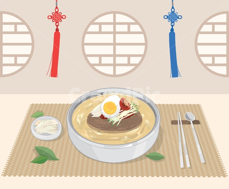 냉면,차가운,음식,벡터,일러스트,여름,복날,계절음식,시원한,얼음,고명,삶은계란,양념,매운,사실적인,디자인소스,무절임,수저,젓가락,물냉면,그림,그래픽,일러스트레이션,graphic,illustration