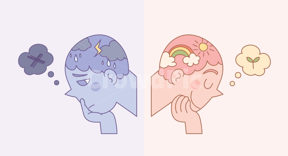 우울,절망,슬픔,부정적,기분,나쁜,행복,해피,즐거움,좋은,웃음,눈물,대조,대비,정신,멘탈,우울증,부정,긍정,긍정적,마인드,생각,상상,정신상태,얼굴,표정,캐릭터,디자인소스,삽화,반대,고민,걱정,무지개,먹구름,날씨,비,햇빛,인물,사람,트라우마,행복한,상상력,창의력,실패,정신건강,뇌,두뇌,감정표현,기분,feeling,emotion,그래픽,일러스트레이션,graphic,illustration