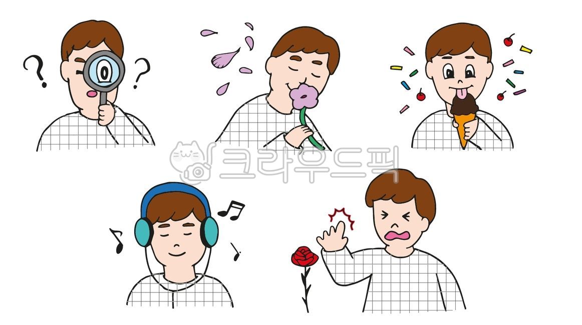 사람,오감,오감각,보다,냄새,냄새맡는그림,먹다,아이스크림,음악,음악감상,해드셋,장미,가시찔림,촉감,fivesenses,꽃냄새,돋보기,시각,촉각,미각,후각,청각