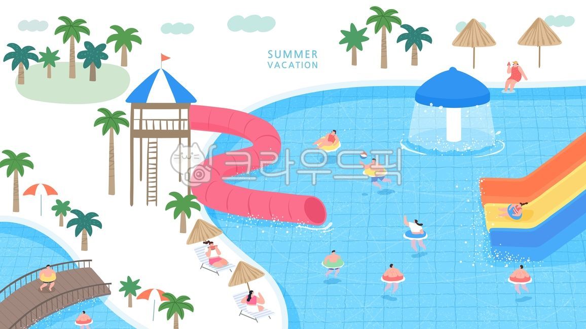 수영장,수영,물놀이,실내수영장,나무,파라솔,분수,미끄럼틀,여행,여름,휴가,즐거운풍경,라이프,시즌,가족,생활,축제,휴식,여름휴가,바캉스,관광,여름,계절,summer,season,그래픽,일러스트레이션,graphic,illustration