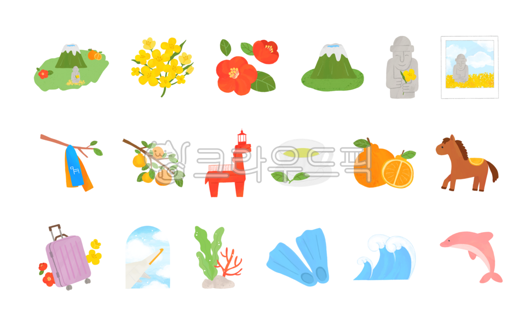 Jeju Island,Jeju Island illustration,Jeju Island icon,jejuisland,rape blossoms,camellia flowers,Hallasan Mountain,Dolhareubang,Jeju tangerines,Jeju Oreum,green tea,Hallabong,Jeju horse,Jeju dolphin,pink dolphin,jeju,waves,Jeju Island stic