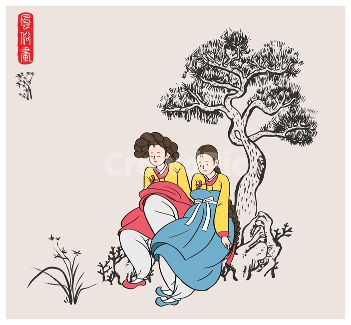 한국화,풍속화,전통화,한복,수묵화,전통,민화,민속화,여성,여자,소녀,art,미술,graphics,illustration,vector,벡터,old,나무,소나무,바위,풀,자연,한국전통,한국문화,korean traditional,korean culture,그래픽,일러스트레이션,graphic,illustration