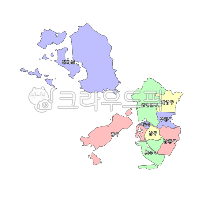 인천광역시,4색지도,파란색,노란색,빨간색,초록색,인천,행정구역,행정구역지도,지도,우리나라,대한민국,한국,강화도,영종도,강화군,중구,서인천구,계양구,부평구,동구,남구,남동구,연수구,청라,계양,부평,map