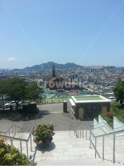 마을,언덕,산,풍경,계단