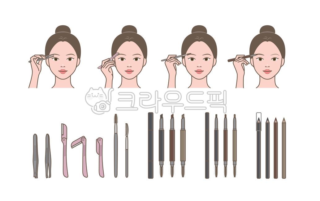 눈썹,아이브로우,정리,뽑기,핀셋,집게,칼,눈썹칼,브러시,브러쉬,펜슬,빗,메이크업,화장,화장법,뷰티,미용,코스메틱,예쁜,아름다운,여자,여성,사람,인물,얼굴,손,캐릭터,방법,사용법,가이드,순서,과정,루틴,그래픽,라인일러스트,라인,제품,도구