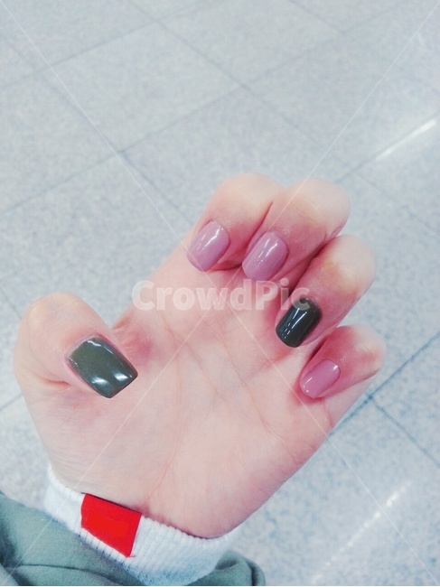 네일,매니큐어,카키색,핑크색,네일아트,올리브색,녹색,콤비컬러,색조합,네일컬러,메니큐어,카키네일,핑크네일,왼손,스퀘어,손톱모양,손톱,nail,사람,인물,인간,human,person,신체일부,몸,body
