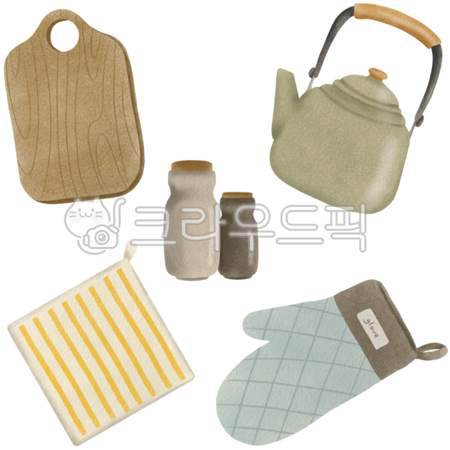 나무도마,양념통,오븐장갑,티코스터,주전자,주방용품,쿠킹,키친,주방일러스트,부엌,수채화느낌일러스트,조리도구,kitchen,kettle,choppingboard,ovengloves,kitchenware,파스텔톤,주방아이템,주방,레트로,감성주방,도마