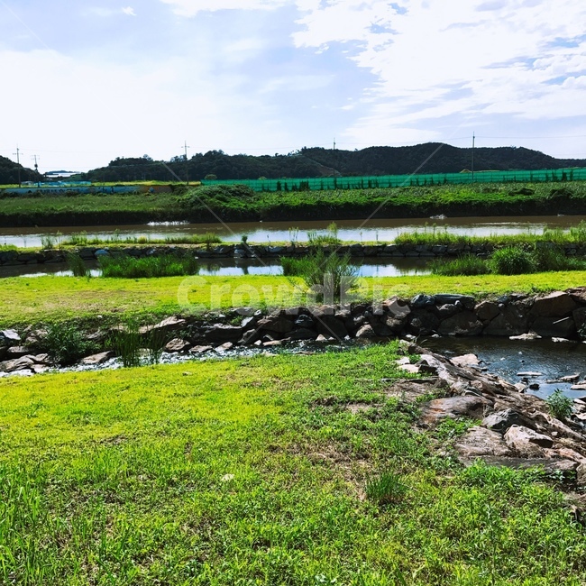 시골,강,산,하늘,잔디