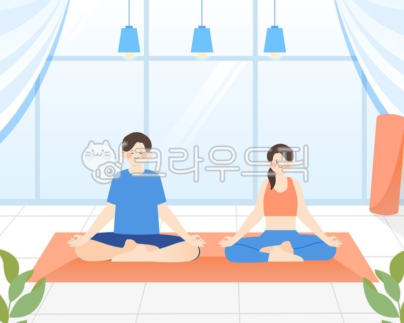 일러스트,디자인,소스,웹소스,배경,백그라운드,인물,사람,캐릭터,활동,운동,스포츠,다이어트,요가,헬스,피트니스,필라테스,스트레칭,건강,생활,라이프,자세,여자,남자,실내,창문,조명,식물,폼롤러,매트,커튼,홈트레이닝,홈트