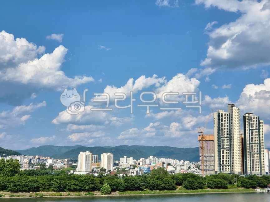 Blue sky,clouds,fluffy,city,apartment,tree,summer sky,summer scenery,blue,building