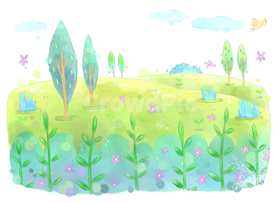 leaf of grass,spring semester,Brightness,spring breeze,oil paint,situation picture,spring,cloud,pastel,leaves,bird,sight,drawing,season,conversation,spring outing,warmth,hand drawing,pleasure,tree,breeze,painter,Flying,background,plant,Watercolor,clipart,