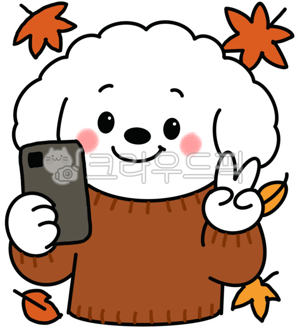 Puppy character,dog illustration,autumn leaves,selfie pose,V sign,cute puppy,knit sweater,pet dog drawing,autumn illustration,maple leaf character