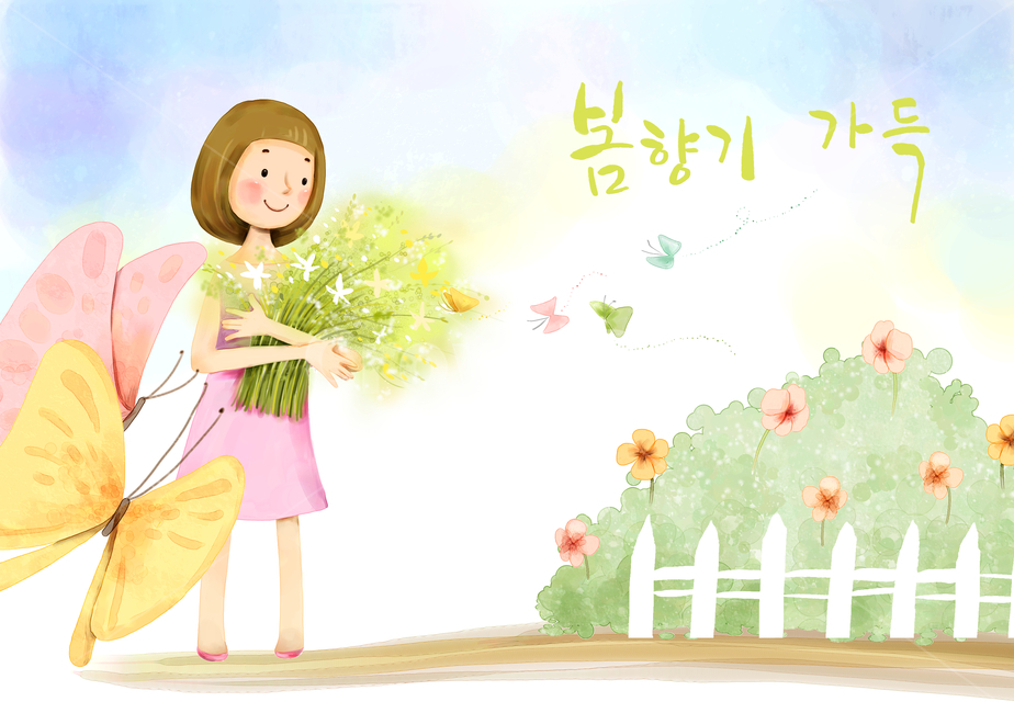 소녀,어린이,꽃,봄,향기,나비,자연,감성,이벤트,하늘,꽃다발,생활,여성,휴식,휴가,포즈,패션,삽화,일러스트,수채화,인물,사람,인간,봄,계절,spring,season,그래픽,일러스트레이션,graphic,illustration