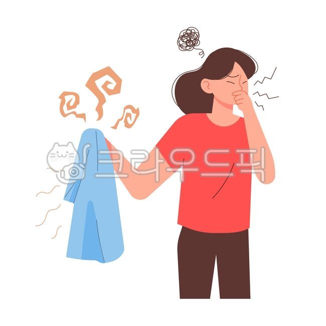 옷,냄새,안좋은,나쁜,smell,냄새나는,bad,좋지않은,땀냄새,빨래,안마른,쉰내,싫어하는,여자,사람,인물,캐릭터,여름,일러스트,벡터,컨셉,summer,섬유