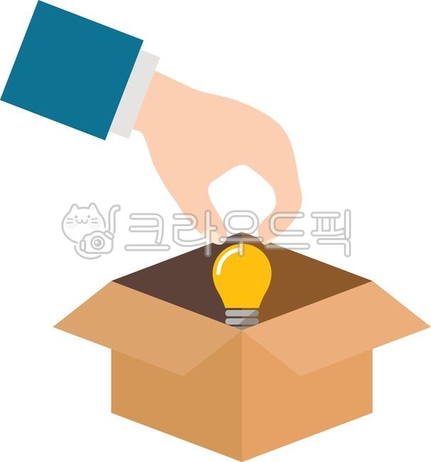 손,상자,전구,아이디어,꺼내다,잡다,들다,열다
