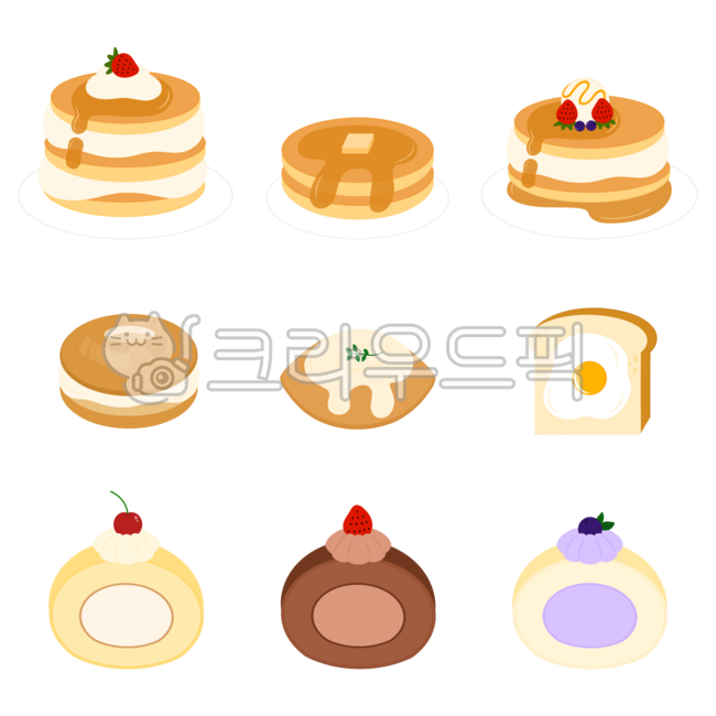 Bakery illustration,pancake illustration,bread illustration,madeleine illustration,roll cake illustration,bagel illustration,bread illustration,dessert illustration,pancake,bread,dessert,snack,food,syrup,bakery,ice cream,cream,strawberry,
