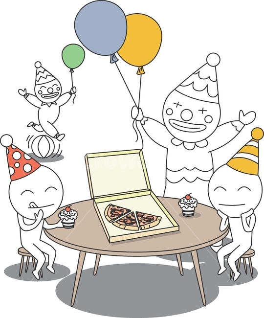 ai,일러스트,일러스트레이션,삽화,만화,디자인,아트클립,클립아트,그림,상업미술,벡터,콘셉트,콘셉,컨셉,사람,인물,인간,캐릭터,관계,풍자,동작,행동,상황,행위,표현,기분,표정,감정,느낌,시추에이션,소스,웹,앱,생일,생일축하,피에로,삐에로,축하,공연,즐거움,기쁨,웃음,미소,어린이,풍선,피자,맛있음,그래픽,일러스트레이션,graphic,illustration