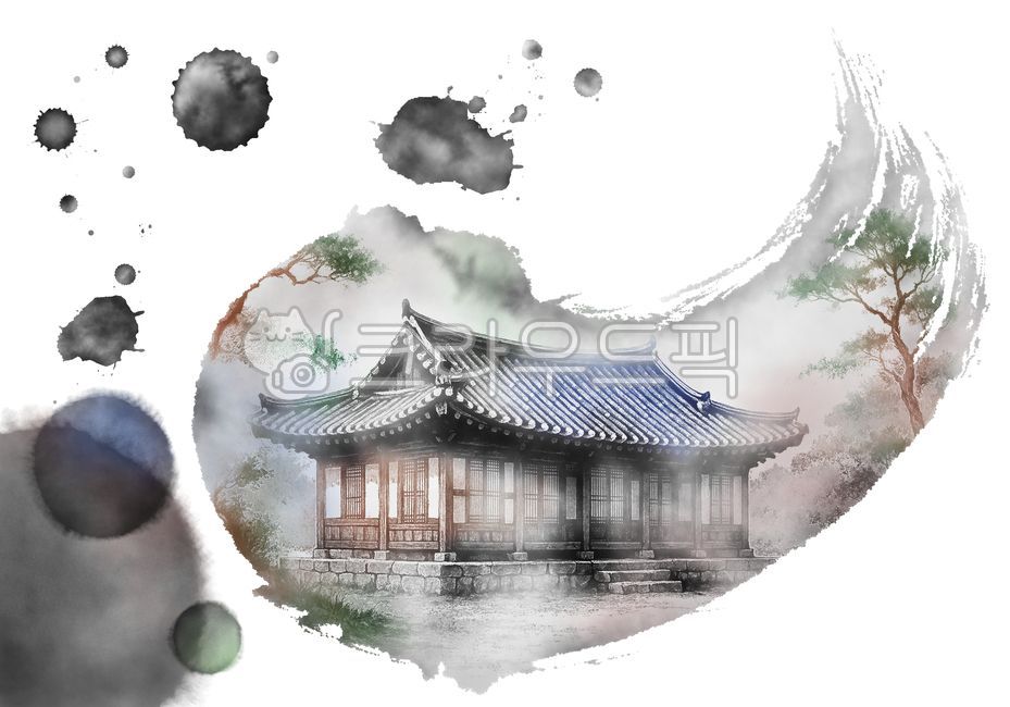 수묵화,한옥,한국전통가옥,한국화,동양화,기와,기와지붕,한옥지붕,기와집,물감번짐,수채화,붓터치,손그림,한국전통배경,먹물번짐,색번짐,브러시터치,흑백,번짐효과,먹그림,배경,흰색,흰바탕,흰색배경,누끼,배경이미지,예술,일러스트,나무