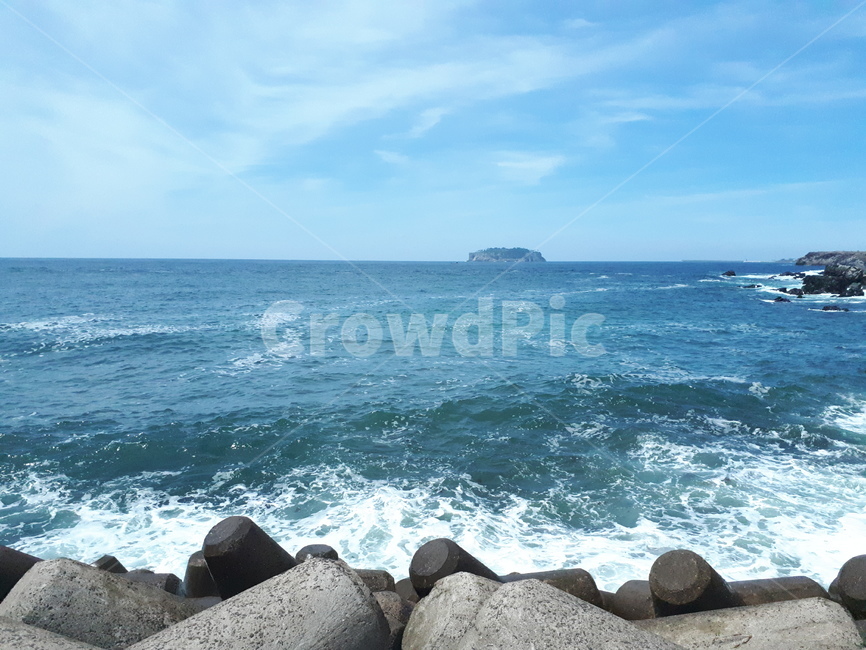 바다,방파제,여름,청량한,제주도,하늘,파도