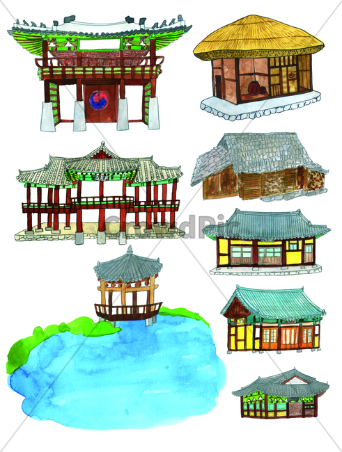 hand drawing,thatched house,thatchedhouse,koreanstylehouse,house,handdrawing,korea,paint painting,watercolor,Hanok,premises