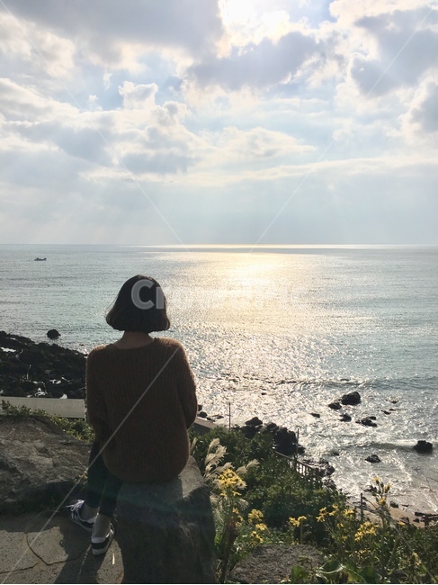 제주도,바다,석양,여자,앉은사람,뒷모습