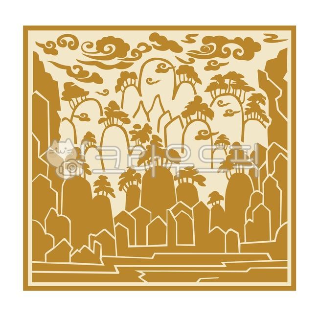 pine tree,pattern,icon,web source,koreantraditionalpattern,square pattern,rock,cloud,traditional colors,mountain,traditional color,graphic,Korean traditional pattern,landscape painting,Korean,traditional pattern,korean,background,ocher color,illustration,