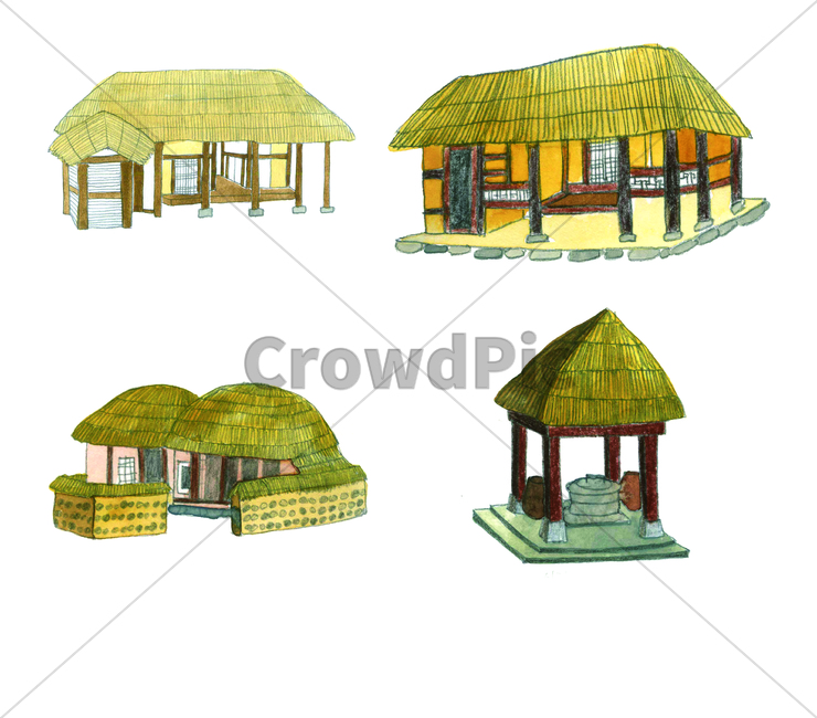 한옥,가옥,한국,손그림,물감그림,korea,watercolor,handdrawing,koreanstylehouse,house,초가집,thatchedhouse