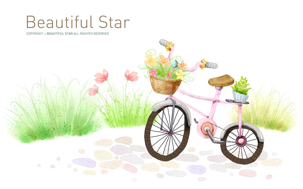 자전거,꽃바구니,자갈밭,화분,여행,동화,풀,초록,시골,꽃,잔디,나들이,잡초,삽화,봄,그래픽,일러스트레이션,graphic,illustration