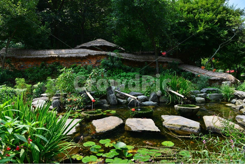nature,자연,물,water,outdoors,옥외,plant,식물,flagstone,판석,돌다리,학독,돌학독,대나무,물흐름,식수,바가지,프라스틱,프라스틱바가지,초가집,담장,흙담장,돌담장