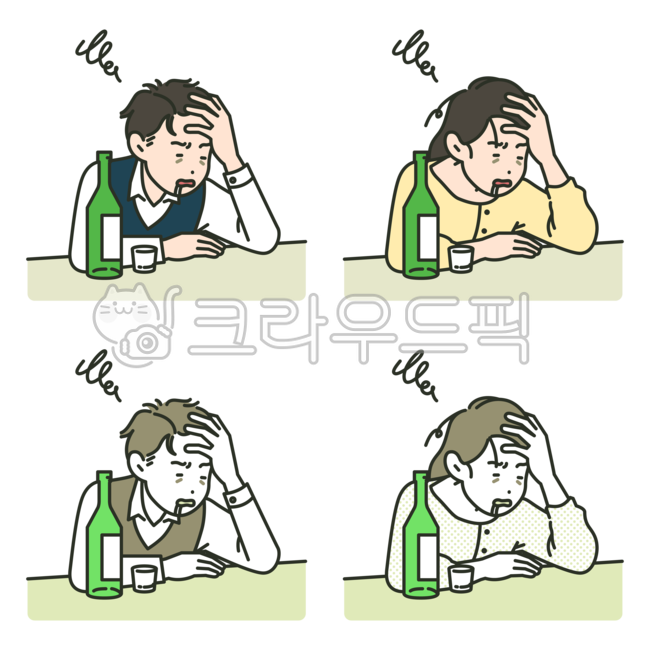 음주,숙취,과음,술,알콜,알코올,건강,메스꺼움,두통,현기증,어지러움,어지럼증,괴로움,고통,소주,소주잔,일러스트,사람,남자,여자