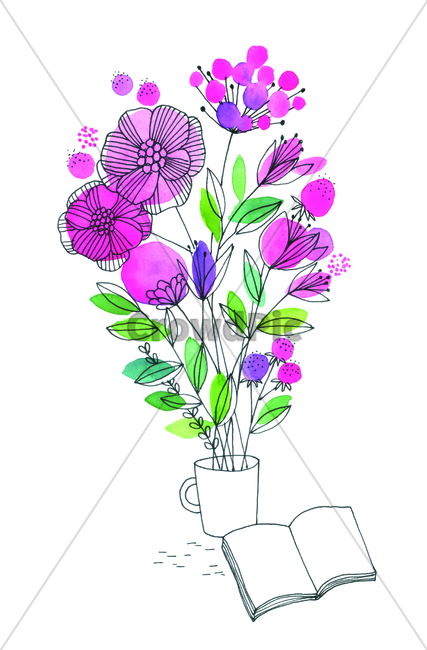 plant,식물,꽃,flower,bloom,blossom,blow,나뭇잎,leaf,foliage,화병,vase,umbrage,greenery,책,book,컵,cup,화분,flowerpot,pot,물감그림,paintings,drawing,paintbrush,colors,손그림