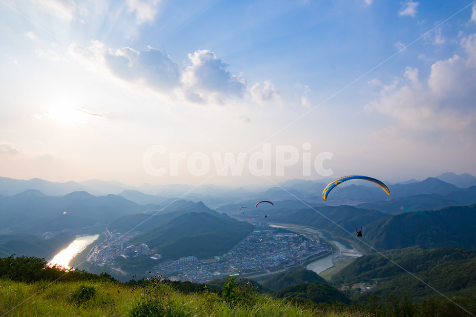 Sky,paragliding,Danyang,sunset,clouds,summit