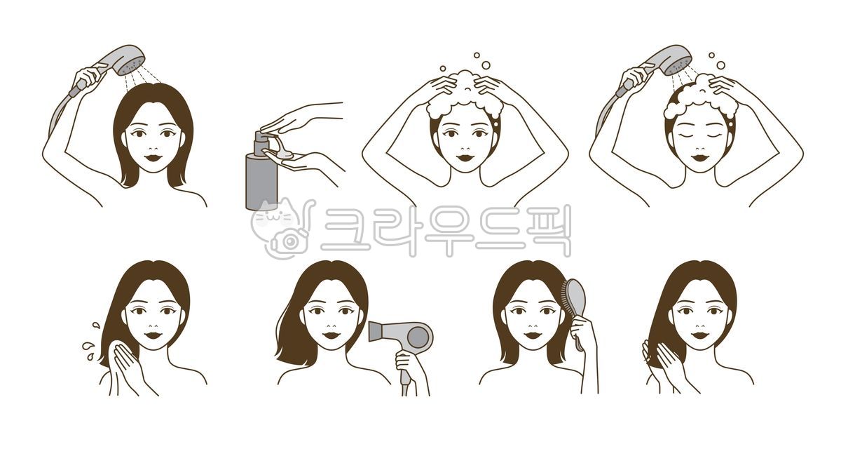 머리,머리카락,모발,머릿결,샤워기,거품,샴푸,짜는,씻다,씻는,헹구는,헹구다,수건,드라이기,드라이,말리는,말리다,빗,빗는,바르는,오일,코스메틱,예쁜,손,캐릭터,아름다운,귀여운,여자,여성,사람,인물,일러스트,아이콘,라인,가이드,순서,단계,과정,루틴