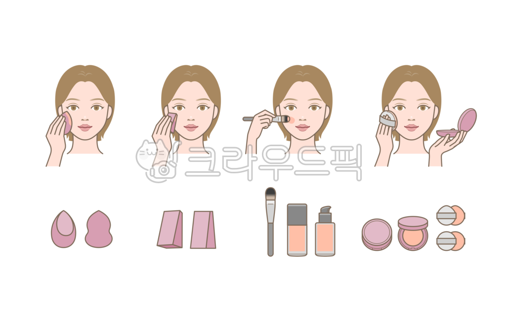 기초,화장,기초화장,피부화장,메이크업,커버,컨실러,비비,비비크림,물방울,퍼프,사각,스펀지,붓,브러시,브러쉬,팩트,다양한,제품,비교,손,모양,뷰티,피부,미용,코스메틱,예쁜,아름다운,여자,여성,사람,인물,얼굴,캐릭터,일러스트,그래픽,아이콘,라인일러스트,라인