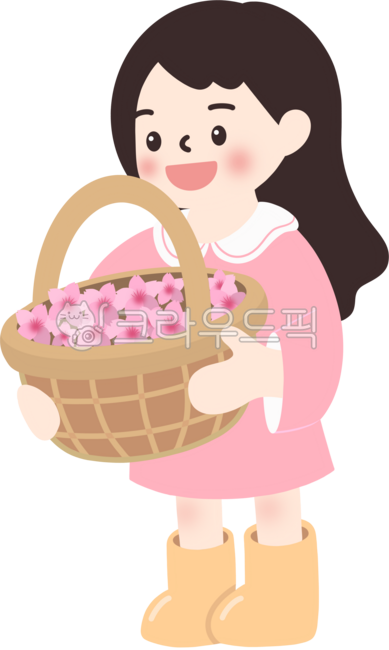 Flower basket,holding,child,children's illustration,child,cute child,girl,girl,flower girl,spring,pink flower,pink flower,cherry blossom,azalea,children's day,children's drawing,smiling,child,toddler,girl,full body