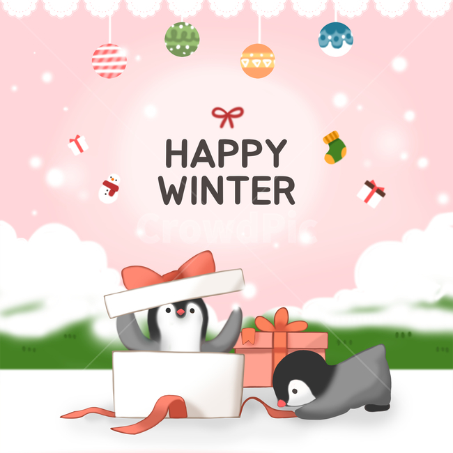 펭귄,선물상자,리본,양말,방울,눈,눈사람,겨울,크리스마스,겨울,계절,winter,season,동물,animal,포유류,mammal,그래픽,일러스트레이션,graphic,illustration